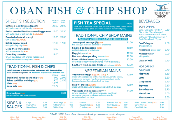 Oban Fish and Chip Shop Menu